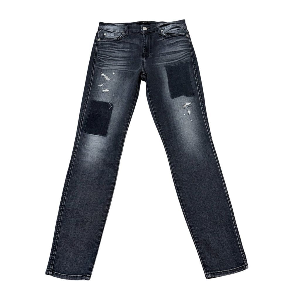 7 For All Mankind Black Distressed Patch Skinny Jeans Size 27